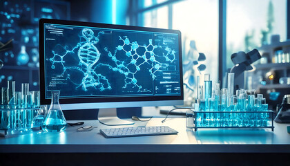 Stunning high-tech lab scene. Computer displays DNA and molecular structures. Test tubes with vibrant blue liquid and lab glassware add scientific realism.