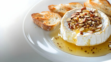 A clean white plate featuring a baked Brie cheese wheel topped with honey and almonds, served with toasted baguette slices