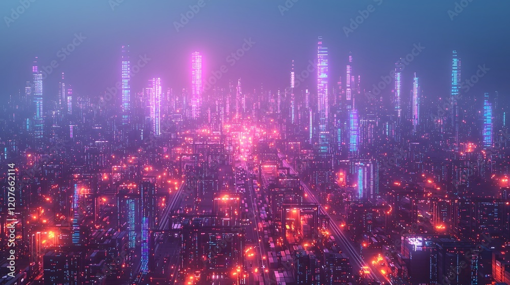 Poster aerial perspective of a bustling futuristic port city with towering skyscrapers container cranes and