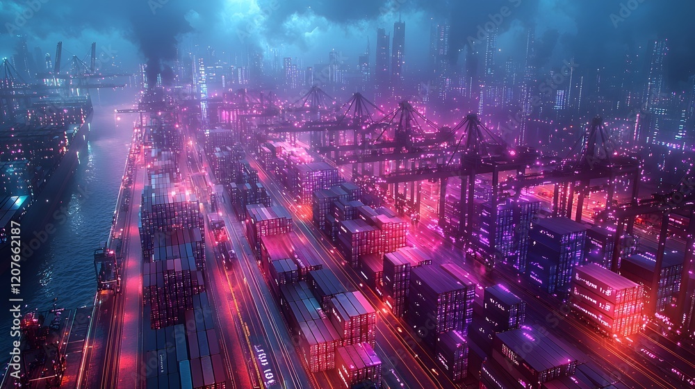 Poster futuristic and innovative aerial port scene featuring cargo containers cranes and stunning 3d digita