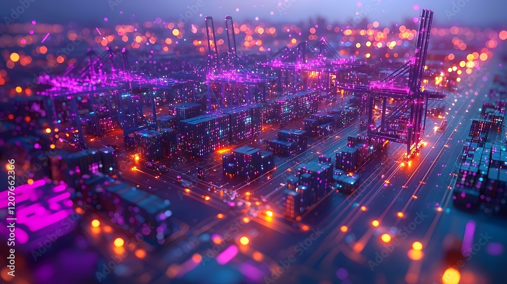 Aufkleber Captivating aerial perspective of an advanced technology driven port with cranes containers and interactive digital elements bathed in vibrant purple and blue hues