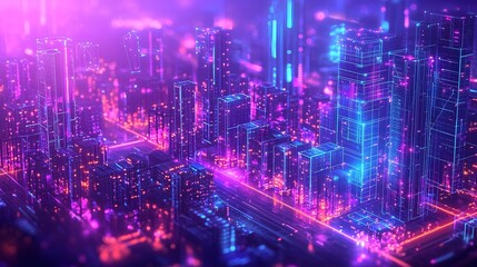 Obraz premium Aerial view of a futuristic city skyline with skyscrapers and a vibrant port highlighted by interactive 3D digital overlays in vivid purple and blue tones