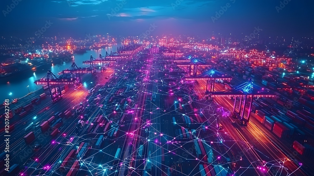 Poster Aerial view of a high tech shipping port with a vibrant futuristic communication network in glowing purple and blue hues featuring towering skyscrapers cranes and containers against a dynamic