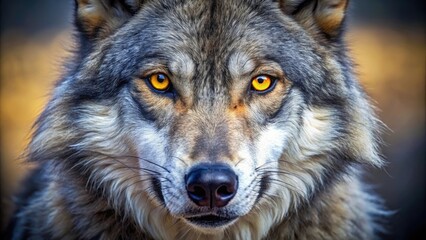 Fototapeta premium Close-up of a wolf's face with piercing yellow eyes and sharp teeth, naturalistic photography, animal facial features, predator traits