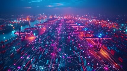 Obraz premium Aerial view of a high tech shipping port with a vibrant futuristic communication network in glowing purple and blue hues featuring towering skyscrapers cranes and containers against a dynamic