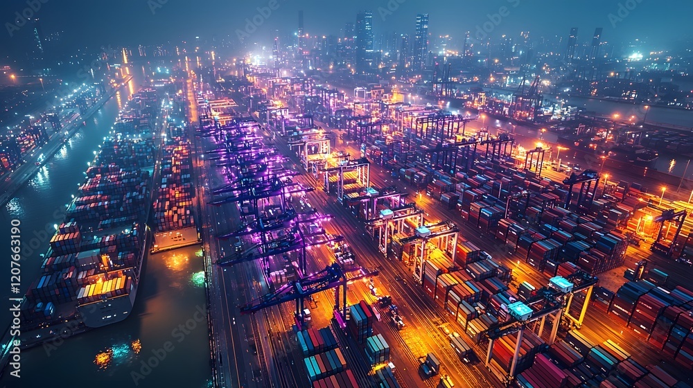 Aufkleber stunning aerial view of a bustling industrial port at night with rows of cargo containers and toweri