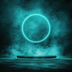 Futuristic Neon Circle and Smoke Display Platform.