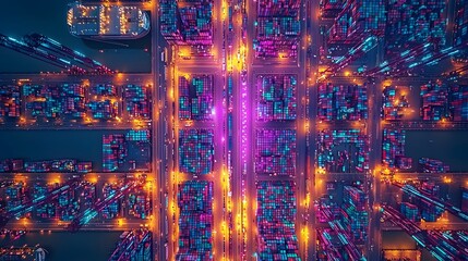 Aerial view of a bustling futuristic industrial harbor city with towering container cranes illuminated by vibrant interactive 3D data visualizations in shades of purple and blue