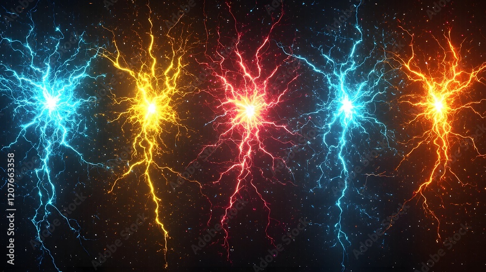 Poster Multicolored electrical sparks glowing and branching out like fierce sharp lightning in a futuristic high energy digital visual background  Isolated on a transparent backdrop for use in dynamic