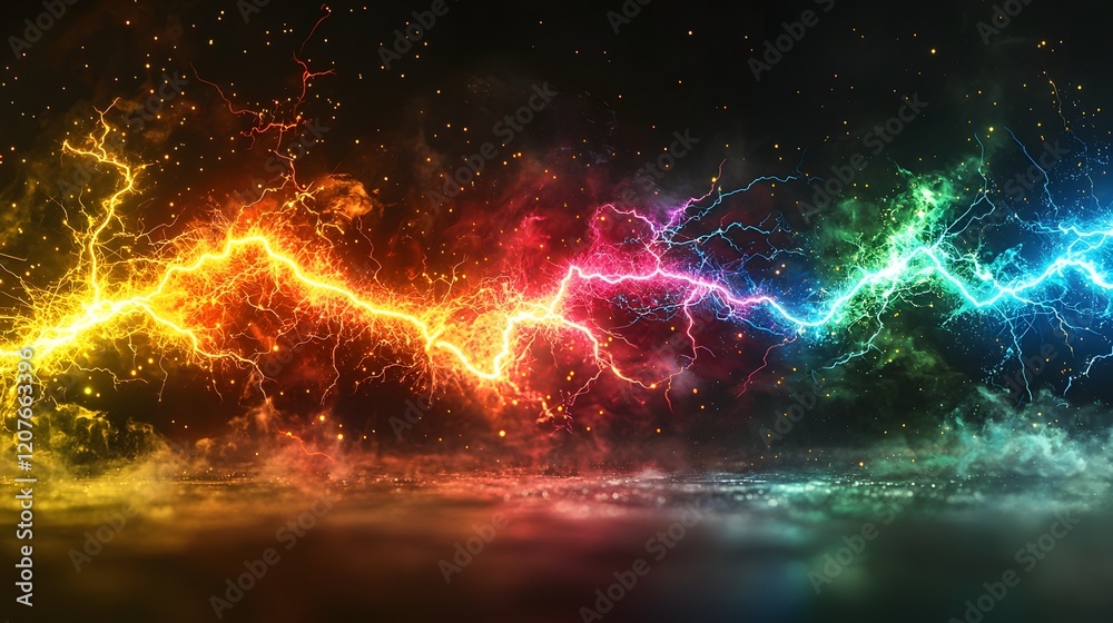 Poster Multicolored electrical sparks glowing and branching out like sharp lightning isolated on a transparent background for high energy futuristic visuals