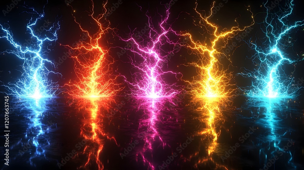 Poster Multicolored glowing electrical sparks with sharp branching forms resembling lightning perfect for futuristic visuals on a transparent background