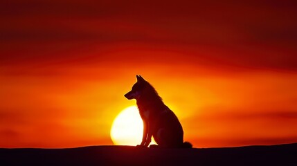 Silhouette of a Dog Against a Stunning Sunset Sky Background