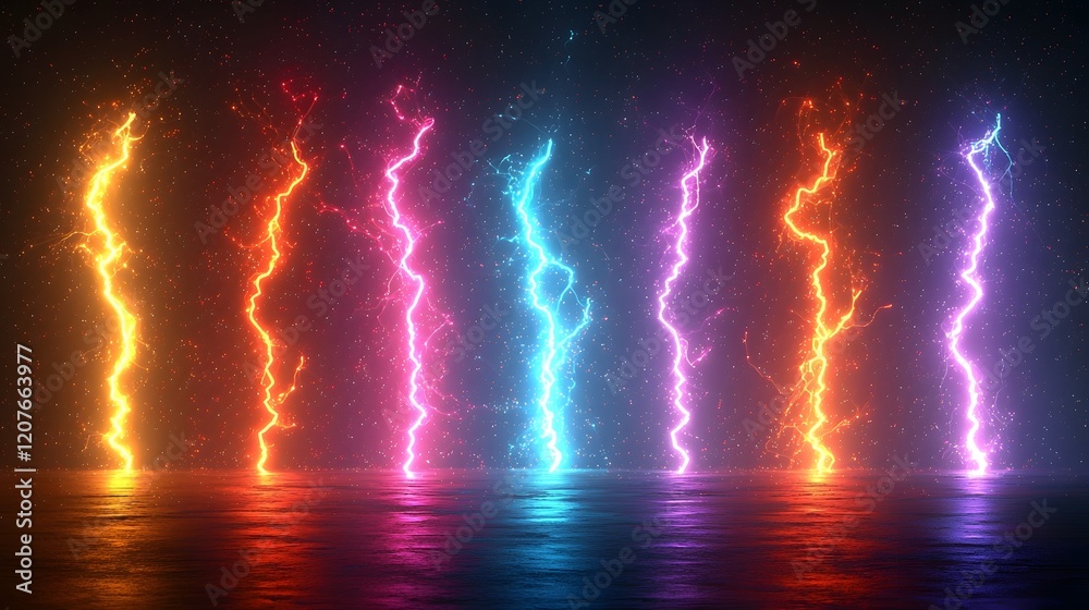 Fototapete Dramatic and intense electrical sparks in vibrant multicolored lightning shapes glowing vividly against a transparent background creating a powerful and electrifying atmosphere