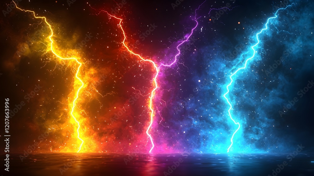 Fototapete captivating high intensity electrical sparks and vivid multicolored lightning shapes glowing brightl