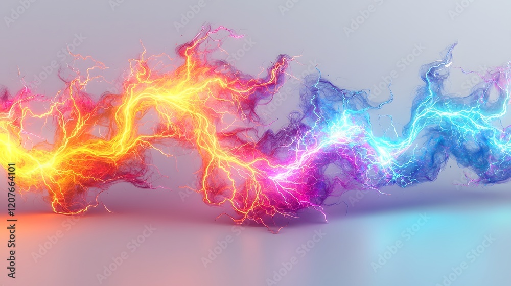 Aufkleber Glowing multicolored electrical sparks forming lightning like branches on a clear backdrop designed for high energy futuristic visual effects and digital designs