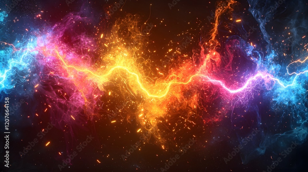 Poster Visually striking multicolored electrical sparks and lightning inspired energy discharges branching out and glowing in a futuristic digital and sci fi inspired design