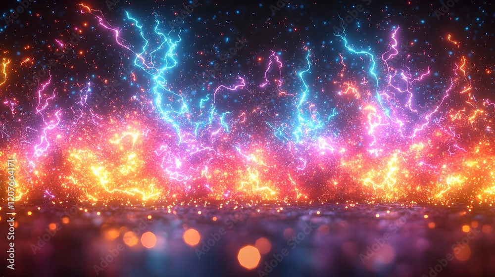 Fototapete Glowing multicolored electrical sparks forming dynamic lightning like branches against a clear backdrop designed for high energy futuristic visuals and effects