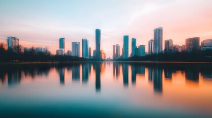 Fototapeta premium Serene Mirrored City Skyline Reflecting Balanced Business Decisions