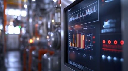 Computer screen displaying charts and graphs for real time monitoring and analysis of machinery and processes in an industrial factory, boosting efficiency and productivity