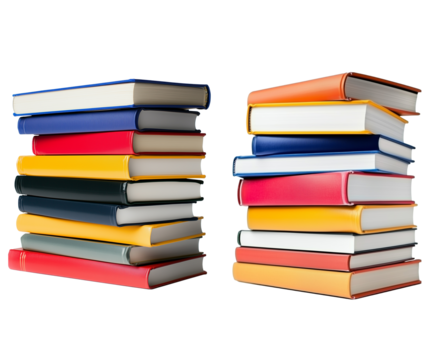 two piles of colorful cover books on white or transparent background