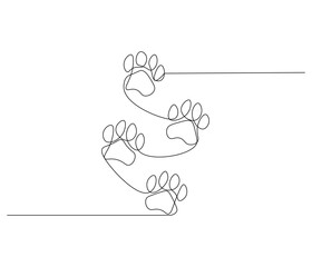 Continuous one line drawing of footprint pet, dog or cat. Paw prints. Single line drawing illustration of Foot marks . style Concept vector art. Doodle line illustration.