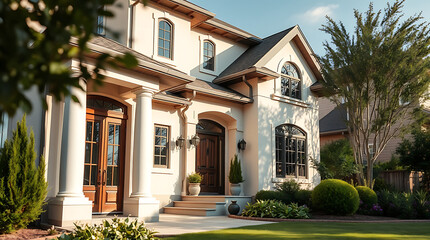 Obraz premium Luxury Home Exterior: Modern Architecture and Landscaping. Elegant design, classic details, and a beautiful garden create a stunning residential property.