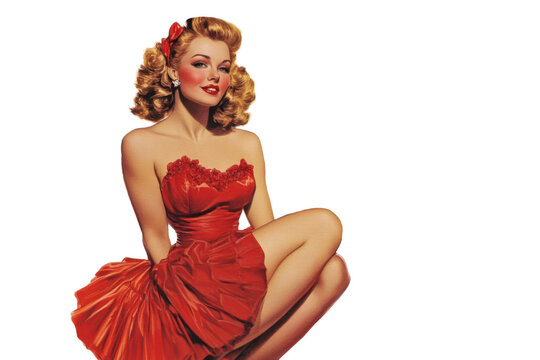 A vintage style pin-up model illustration of a beautiful woman holding a valentines love heart