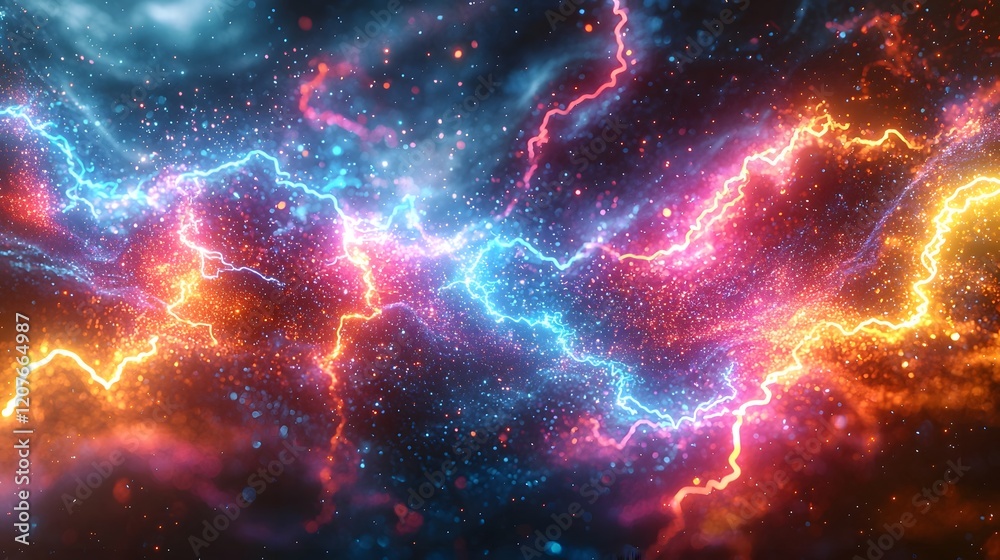 Poster Captivating multicolored electrical sparks glowing and branching out like lightning isolated for futuristic design and visuals  High energy abstract digital backdrop with a dynamic powerful