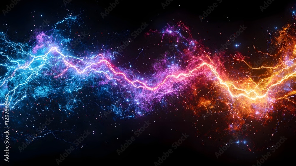 Aufkleber Stunning abstract visual of high energy multicolored electrical sparks glowing and branching out like cosmic lightning creating a futuristic and powerful design