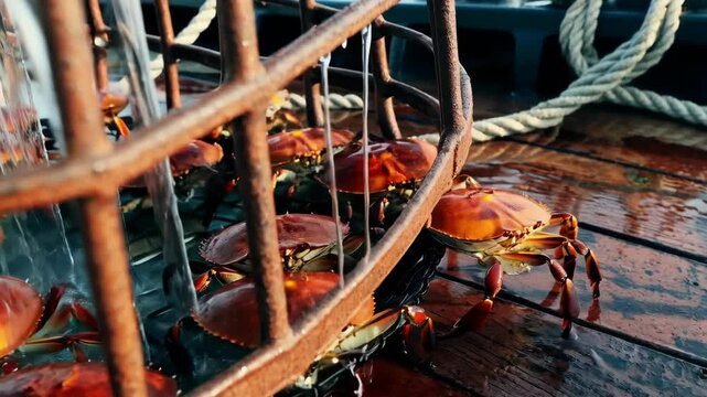 Video of a crabs crawling in cage on wooden deck at sea  nautical marine capture dynamics