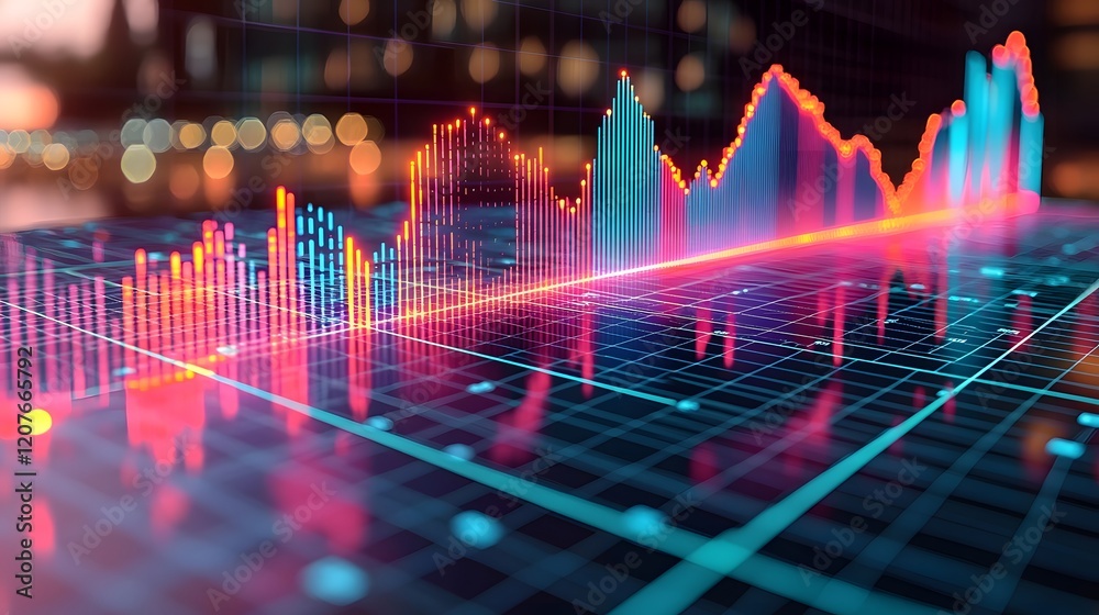 Poster Visually striking and contemporary data visualization featuring dynamic line and bar charts in bright vivid colors overlaid on a subtle grid background