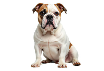 Sitting bulldog with brown and white fur on transparent background