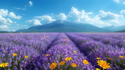 Fototapeta premium Lavender Fields Under a Sunny Sky with Majestic Mountains