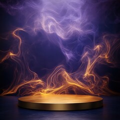 Fototapeta premium Abstract Golden Podium with Mystic Purple and Orange Smoke Background.