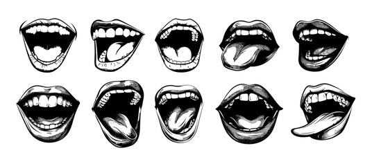 Smiling mouths black ink sketch vector set. Plump lips tongue teeth open closed grinning human face part different emotion, grayscale isolated illustrations on white background