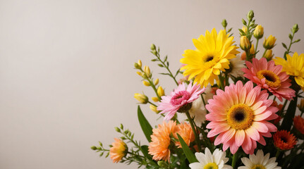 Gerbera Daisy Bouquet Colorful Representing Celebration Against Neutral Background with copy space