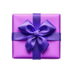 Purple gift box with purple ribbon and bow isolated on transparent background, top view. PNG file.