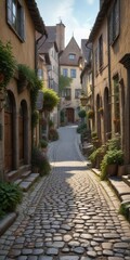 Fototapeta premium Charming cobblestone street in a quaint European village, village, cobblestone, slideshow