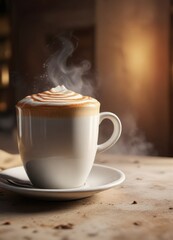 Cappuccino coffee in a ceramic cup with steam rising, table, surface
