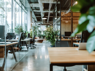 Illustration of business open green modern office daytime daylight. Working culture chill happy enjoy workplace work life balance plant green interior sustainable design contemporary sustainability