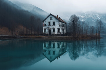 Fototapeta premium Beautiful mountain landscape with a turquoise lake and forest trees, the mirror reflection of the mountains in the water.
