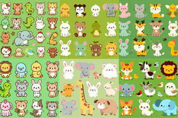 big bundle of cute animals on green background