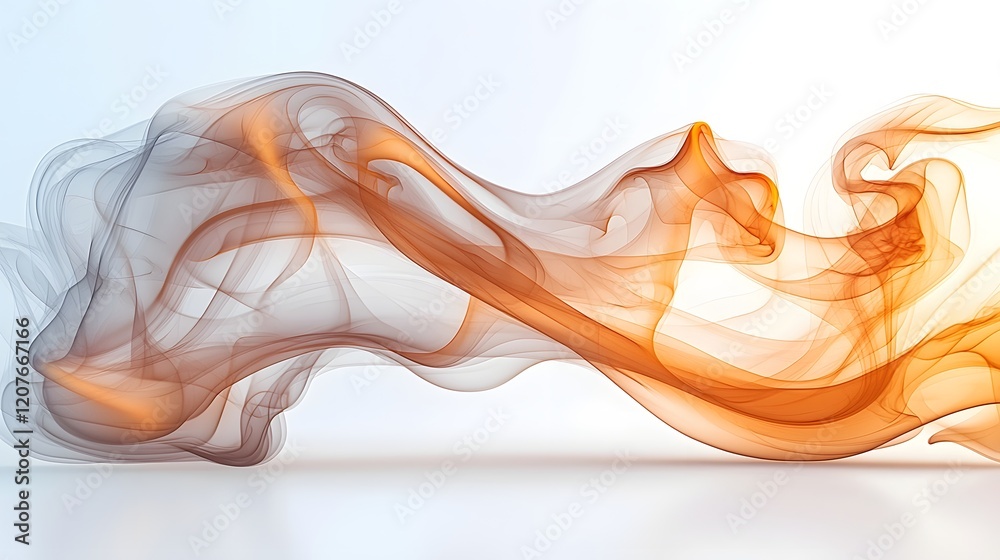 Poster Graceful patterns of warm amber hued smoke swirling and drifting gently on a clean white background creating a calming and serene aesthetic