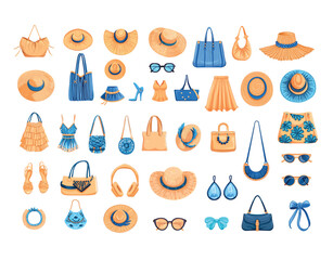 Summer beach ethnic accessories cartoon vector set. Woman bags hats fashion panamas jewelry swimsuits sunglasses earrings dresses, luxury sea coast ocean shore resort vacation stuff