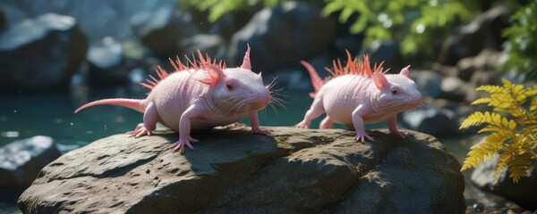Obraz premium Axolotl on a rock near the water with a few leaves, cute, colorful, axolotl