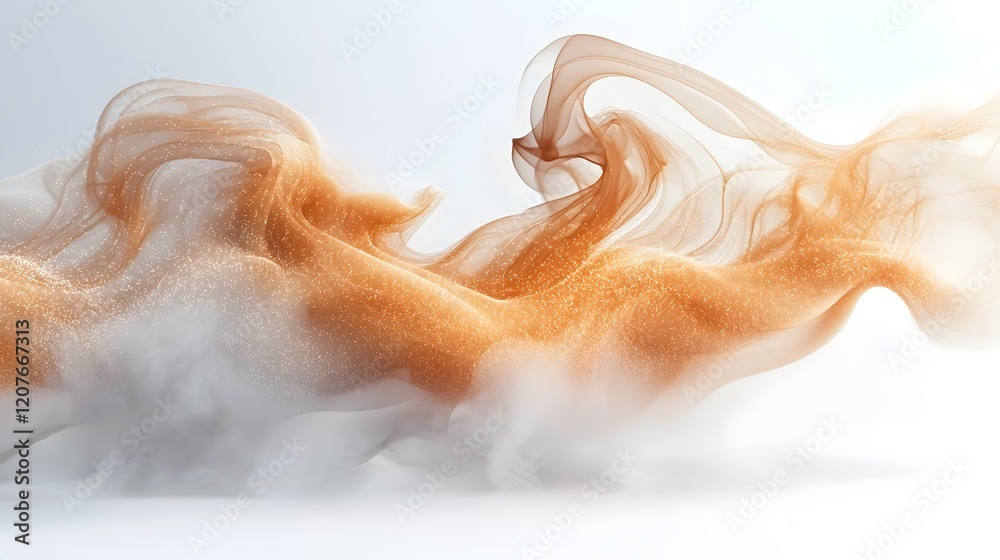 Poster smooth elegant curves of warm toned smoke delicately moving and swirling on a pure white background 