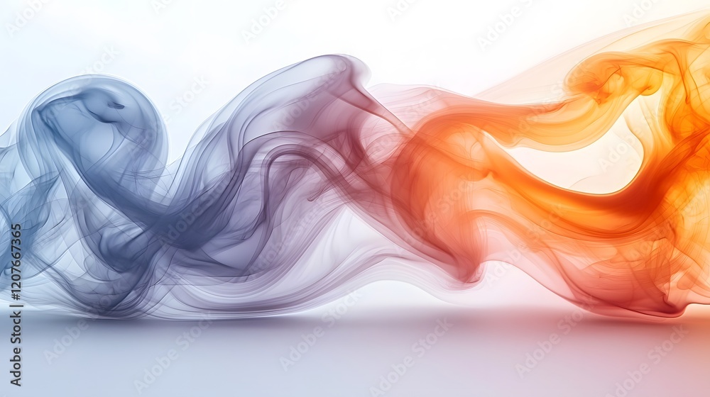 Poster smooth flowing curves of warm toned smoke elegantly dancing and drifting across a pure white backgro