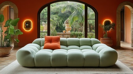 Obraz premium Luxurious Mint Green Sofa in a Modern Tropical Villa Interior