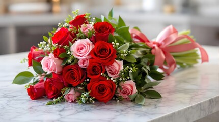 Bridal bouquet of red and pink rosesle table