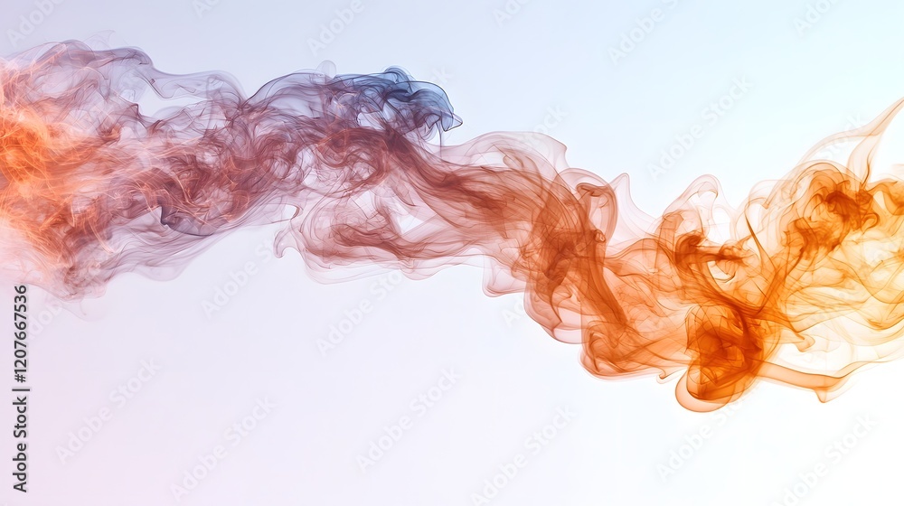 Poster Warm colored smoke trails flowing with smooth delicate shapes softly blending into a clean white background and capturing a sense of serene ethereal motion